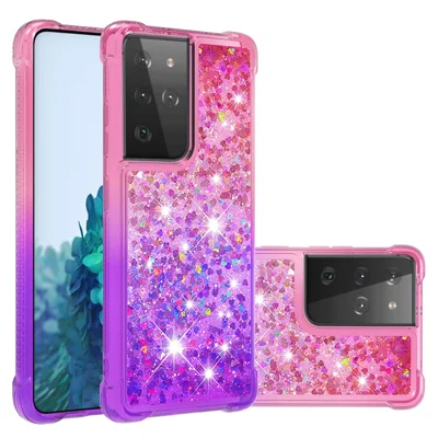 TPU Shell Cell Phone Cover with Gradient Glitter Powder Quicksand Design for Samsung Galaxy S21 Ultra 5G - Pink/Purple