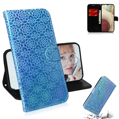 Flower Pattern Leather Stand Wallet Cover Case for Samsung Galaxy A12 - Blue