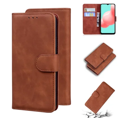 Wallet Stand Plain Leather Phone Case for Samsung Galaxy A32 5G/M32 5G - Brown