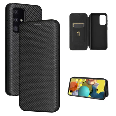 Kartenhalter aus Carbonfaser Leder Auto-absorbierte Cover-Hülle für Samsung Galaxy A52 4G/5G / A52s 5G - Schwarz