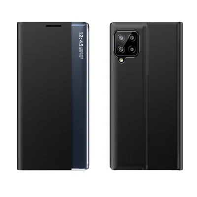 For Samsung Galaxy A12 View Window Auto-Absorbed Phone Case Flip Leather Stand Cell Phone Shell - Black