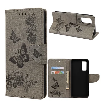 Imprinted Butterflies Flower Leather Wallet Stand Case for Samsung Galaxy A72 5G / A72 4G - Grey