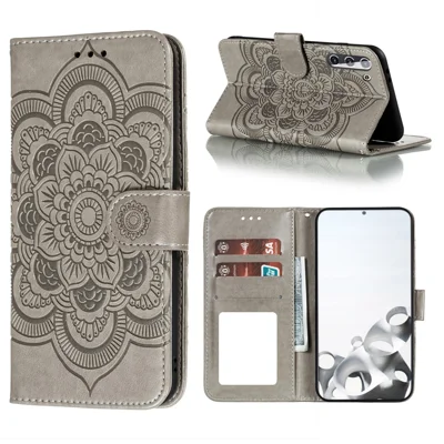 Imprint Mandala Flower Leren Telefoonhoesje voor Samsung Galaxy S21 4G/5G Standhoes - Grijs