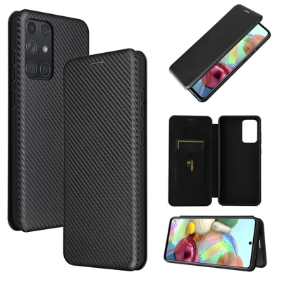 For Samsung Galaxy A72 5G Leather Phone Case Carbon Fiber Flip Cover with Card Holder Auto-absorbed Cover Case - Black