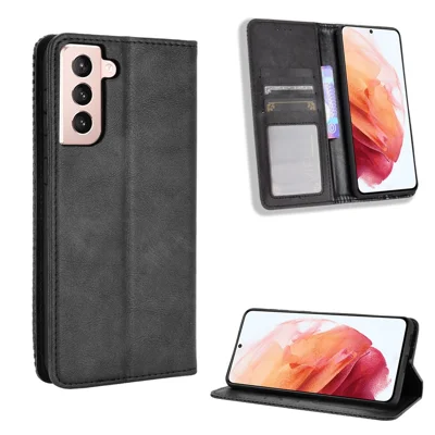 Custodia per telefono in pelle PU e TPU con supporto per portafoglio in stile retrò per Samsung Galaxy S21 4G/5G - Nero