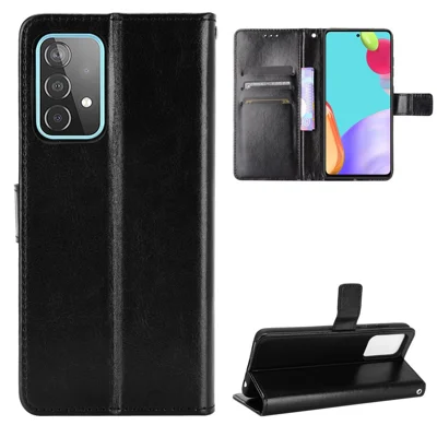 غطاء جلد بملمس جلد الحصان المجنون مع محفظة وحامل وحماية كاملة لهاتف Samsung Galaxy A52 4G/5G / A52s 5G - أسود