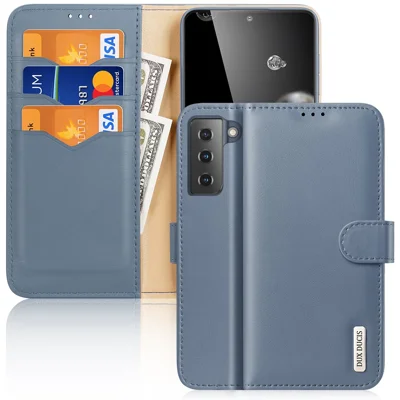 DUX DUCIS Hivo Series Split Leather Wallet Stand Phone Cover for Samsung Galaxy S21+ Flip Shell - Blue