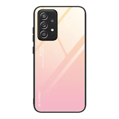 Soft TPU Edge + Anti-Scratch HD Tempered Glass Phone Case with Color Gradient Pattern for Samsung Galaxy A52 4G/5G / A52s 5G - Gold/Pink