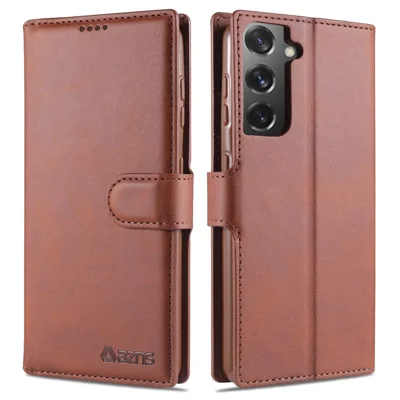 AZNS Dual-sided Magnetic Clasp Wallet PU Leather Stand Case for Samsung Galaxy S21 4G/5G - Brown