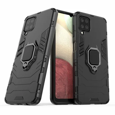 For Samsung Galaxy A12 Cool Guard PC + TPU Hybrid Phone Case Cell Phone Cover with Ring Kickstand - Black