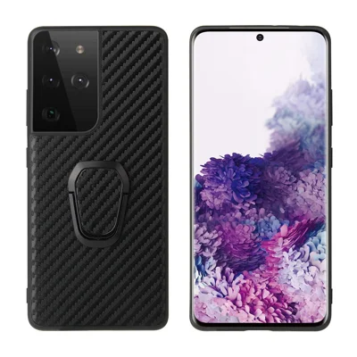 Ring-Shape Kickstand Design Phone Cover Shell Coated with PU Leather for Samsung Galaxy S21 Ultra 5G - Carbon Fiber Texture