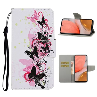 TPU + PU Leather Wallet Stand Phone Case with Lanyard for Samsung Galaxy A72 5G / A72 4G - Butterfly