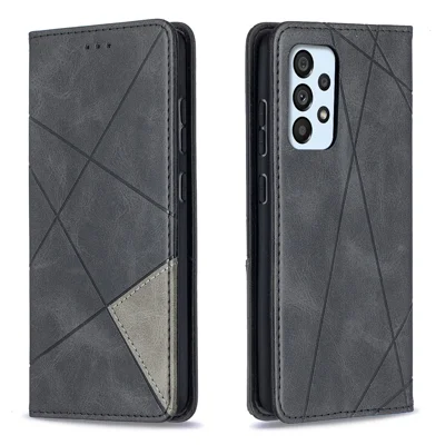 For Samsung Galaxy A52 4G / 5G / A52s 5G Geometric Pattern Leather Stand Case Card Holder Shell - Black