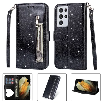 Flash Powder Zipper Pocket Wallet Flip Leather Phone Case with Strap for Samsung Galaxy S21 Ultra 5G - Black