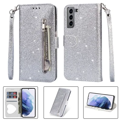 Flash Powder Zipper Pocket Wallet Flip Leather Phone Case with Strap for Samsung Galaxy S21 4G/5G - Silver
