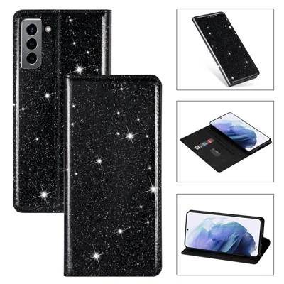 Flash Powder Auto-absorbed Ultra-thin Leather Stand Case for Samsung Galaxy S21 4G/5G - Black