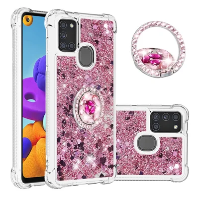 Odporna na wstrząsy obudowa TPU z funkcją kickstand i efektem płynnego piasku dla Samsung Galaxy A21s - Czerwony