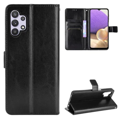Crazy Horse Skin Leather Phone Wallet Stand Cover Shell with Lanyard for Samsung Galaxy A32 5G/M32 5G - Black