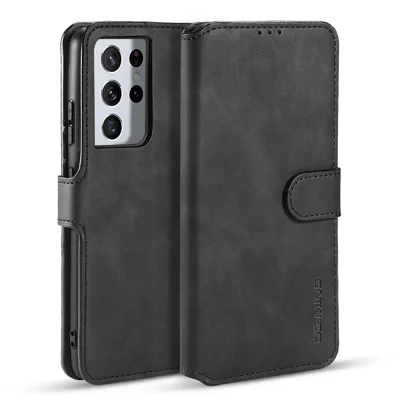 DG.MING Retro Style Leather Wallet Stand Case for Samsung Galaxy S21 Ultra 5G Cover - Black
