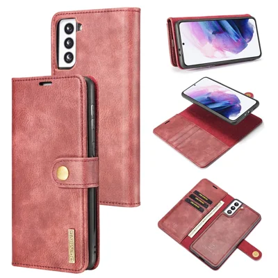 DG.MING For Samsung Galaxy S21 4G / 5G Scratch-resistant Detachable 2-in-1 PC Shell Split Leather Phone Case Cover - Red
