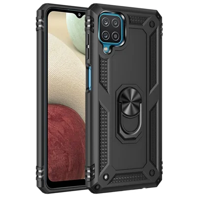 Hybrid PC + TPU Anti-drop Phone Shell with Ring Kickstand for Samsung Galaxy A12 - Black