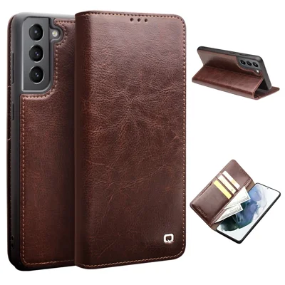 Funda de cuero genuino con diseño de cartera tipo folio abatible con soporte para teléfono QIALINO para Samsung Galaxy S21 4G / 5G - Marrón