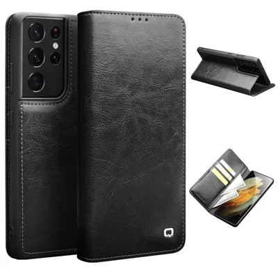 QIALINO Genuine Leather Phone Cover for Samsung Galaxy S21 Ultra 5G Stand Wallet Folio Flip Case - Black