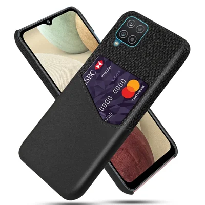 Card Holder Cloth + PU Leather Coated PC Back Cover for Samsung Galaxy A12 - Black