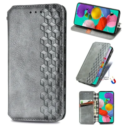 For Samsung Galaxy A51 4G SM-A515 PU Leather Case Rhombus Imprint Wallet Stand Phone Cover - Grey