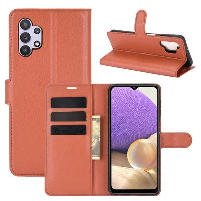 Lederne Schutzhülle mit Litschitextur, Brieftasche, Ständer für Samsung Galaxy A32 5G / M32 5G - Braun