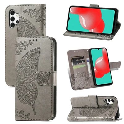 Imprint Big Butterfly Leather Wallet Phone Shell for Samsung Galaxy A32 5G - Grey