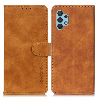 KHAZNEH Wallet Design Phone Case for Samsung Galaxy A32 4G, Retro Style PU Leather Shockproof Flip Cover with Stand - Brown