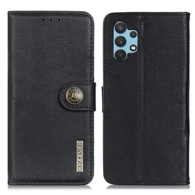 KHAZNEH Retro Style Leather Protector Case Wallet Stand Cover for Samsung Galaxy A32 4G - Black
