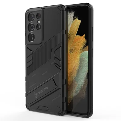 PC + TPU Hybrid Phone Case Protective Back Cover with Kickstand for Samsung Galaxy S21 Ultra 5G - Black