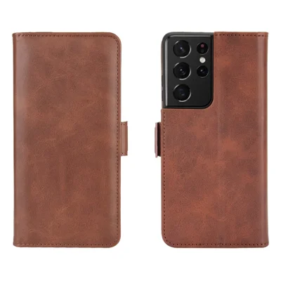 Dual Magnetic Clasp Leather Folio Flip Phone Cover Leather Case for Samsung Galaxy S21 Ultra 5G - Brown