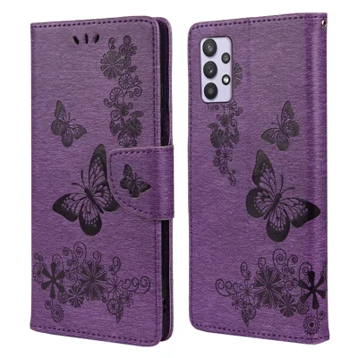 Imprinted Butterflies Flower Leather Wallet Stand Case Shell for Samsung Galaxy A32 5G/M32 5G - Purple