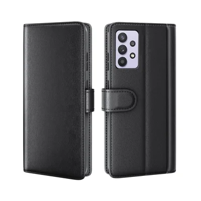 For Samsung Galaxy A32 5G / M32 5G Case Genuine Split Leather Phone Cover with Wallet Stand - Black