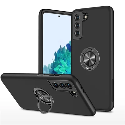 Ringvormige Kickstand Design TPU + PC Hybride Telefoonhoesje voor Samsung Galaxy S21 Plus 5G - Zwart