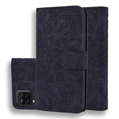 Imprint Flower Wallet Stand Leather Case for Samsung Galaxy A12 - Black