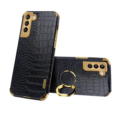 Precieze Uitsnijding Galvaniseren Krokostructuur PU Leren Gecoate TPU Telefoonhoes met Ringhouder voor Samsung Galaxy S21 Plus 5G - Zwart
