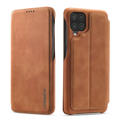 LC.IMEEKE Retro Style Leather Phone Case Cover with Card Holder for Samsung Galaxy A12 - Brown