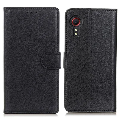 Classic Style Litchi Texture PU Leather Wallet Phone Stand Case for Samsung Galaxy Xcover 5 - Black
