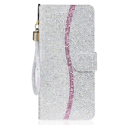 Glittery Powder Splicing Wallet Leather Case Stand Cover with Strap for Samsung Galaxy A32 5G/M32 5G - Silver