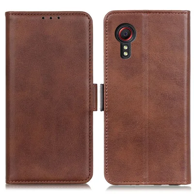 Magnetic Double Clasp Leather Wallet Cover for Samsung Galaxy Xcover 5 - Coffee