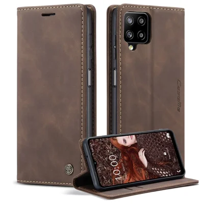 CASEME 013 Series Auto-absorbed Leather Wallet Stand Case Shell for Samsung Galaxy A12 - Coffee