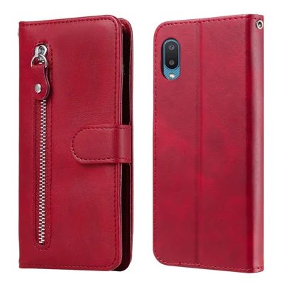 Zipper Pocket Leather Protector Wallet Stand Case for Samsung Galaxy M02/A02 - Red