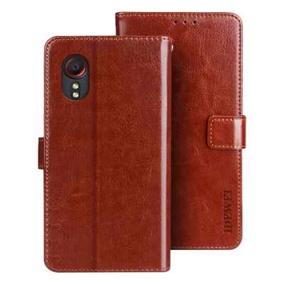 IDEWEI Folio Flip Crazy Horse Texture Leather Mobile Casing with Wallet Stand for Samsung Galaxy Xcover 5 - Brown