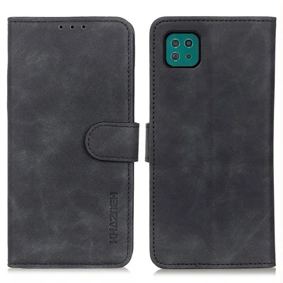 KHAZNEH Wallet Design Retro Grain Style PU Leather Case med stående funktion til Samsung Galaxy A22 5G (EU-version) - Sort