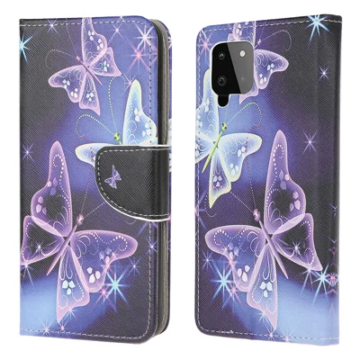 Wallet Design Pattern Printing Cross Texture Leather Stand Case for Samsung Galaxy A22 4G (EU Version) - Sparkle Butterfly