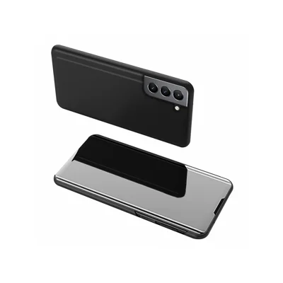Folio Flip Mirror Surface Leather Plated Stand Case mit Sichtfenster für Samsung Galaxy S21 FE - Schwarz